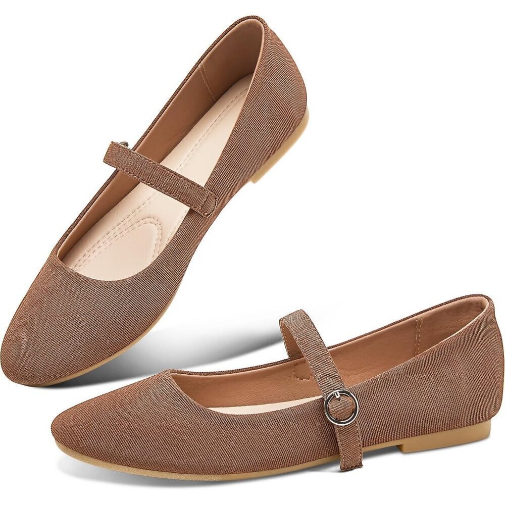 Obtaom Women Brown Polyester Round Toe Comfortable Classic Strap Ballet Flat